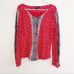 Lucky Brand Stretch Knit Top Blue Red U-Neck Long Sleeve Women's Size Medium